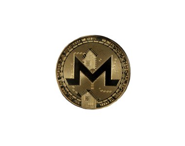 Monero altın para sembolü beyaz arkaplanda izole edilmiş. Şifreleme para biriminin üst görünümü