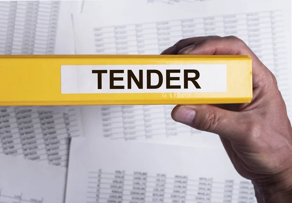 Tender Word Office Folder Male Hand Business Procurement Concept — Stock Photo, Image