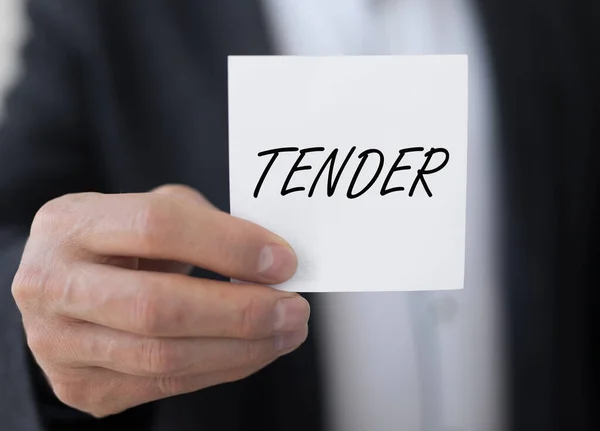 Tender Word Paper Note Businessman Hand Offering Public Procurement — Stock Photo, Image