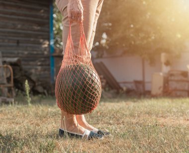 Eko ipli karpuz çantasının içinde kadın ellerinde, dışarıya taşıyor.
