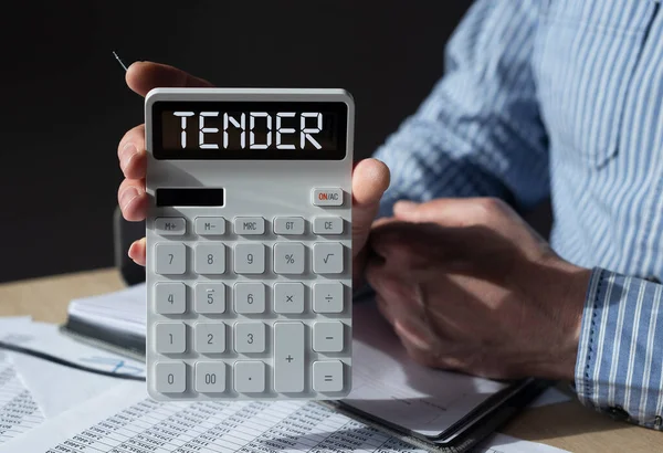 TENDER word on calculator. Business public offer concept — Stock Photo, Image