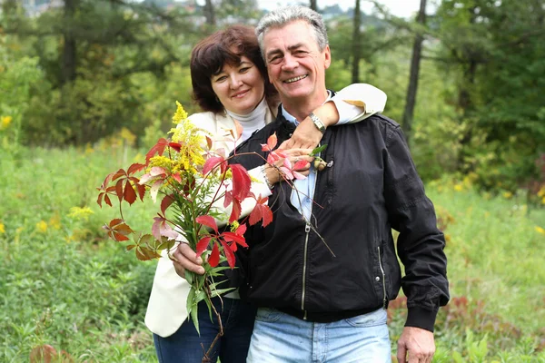 Felice coppia anziana in un parco autunnale — Foto Stock