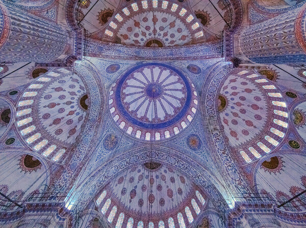 Blue Mosque (Turkish: Sultan Ahmet Camii) ornate interior ceiling in Istanbul, Turkey