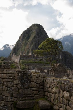 Machu Picchu 'nun Peru' daki panoramik manzarası harabe. Arkasında yeşil bitki örtüsüyle dolu büyük ve güzel dağları takdir edebiliriz. Arkeolojik alan, Unesco Dünya Mirası