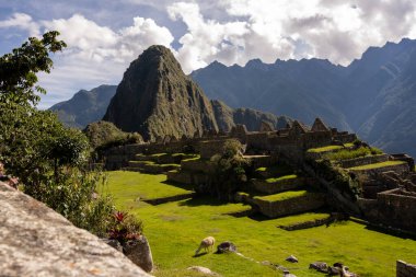 Machu Picchu 'nun Peru' daki panoramik manzarası harabe. Arkasında yeşil bitki örtüsüyle dolu büyük ve güzel dağları takdir edebiliriz. Arkeolojik alan, Unesco Dünya Mirası