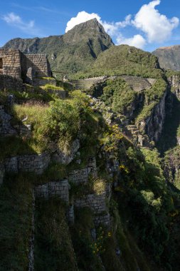 Machu Picchu 'nun Peru' daki panoramik manzarası harabe. Arkasında yeşil bitki örtüsüyle dolu büyük ve güzel dağları takdir edebiliriz. Arkeolojik alan, Unesco Dünya Mirası