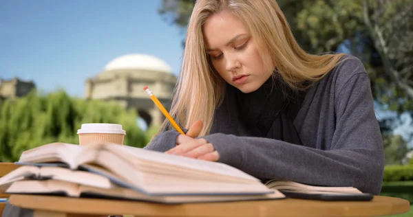 Pretty young woman reading and writing for a term paper — Stock Photo, Image