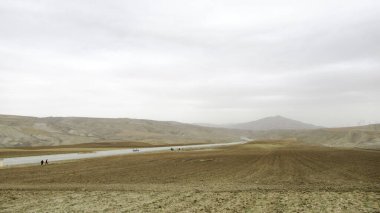 Ana yolun kenarındaki, sade sarı-gri manzaralı tarım arazisi. Tarla ekimi ekime hazır.