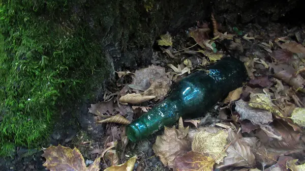 地面に寝そべっている森の中の一本の緑のガラス瓶 — ストック写真