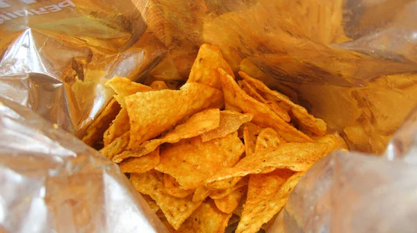 Close Top View Potato Chips Opened Package — Stock Photo, Image