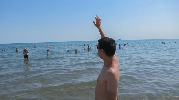 Baku Azerbaijan July 2020 Young White Caucasian Man Waving Sea — Stock Photo, Image