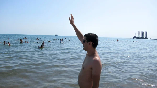 Baku Azerbaijan July 2020 Young White Caucasian Man Waving Sea — Stock Photo, Image