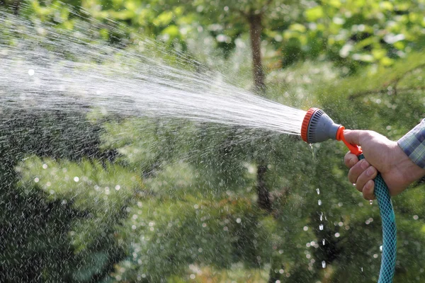 Un hombre regando el jardín — Foto de Stock