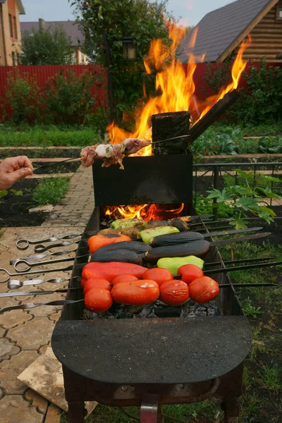 Man 's hand holds vegetables on the grill — стоковое фото