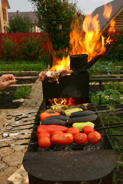 Man's hand holds vegetables on the grill — Stock Photo, Image