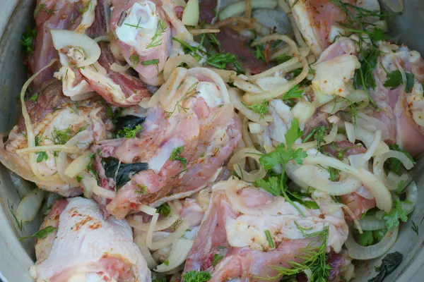 Carne crua para a grelha com cebolas — Fotografia de Stock