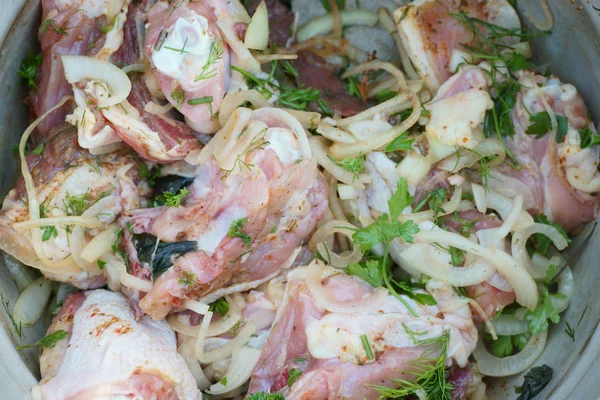 Carne crua para a grelha com cebolas — Fotografia de Stock