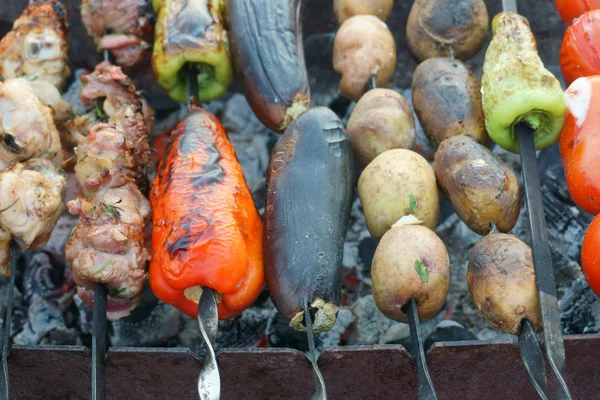 Legumes e carne na grelha — Fotografia de Stock