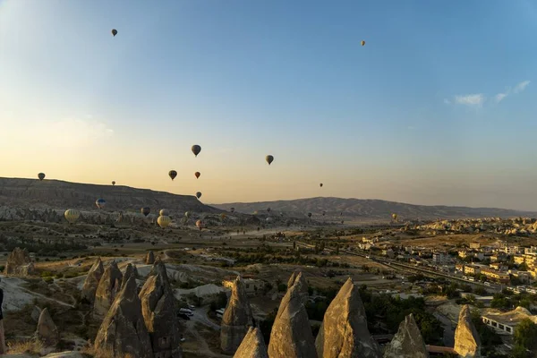 Beautiful hot air balloons fly on blue sky