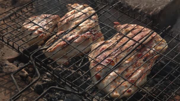 火鸡胸在烤架上的牛排 — 图库视频影像