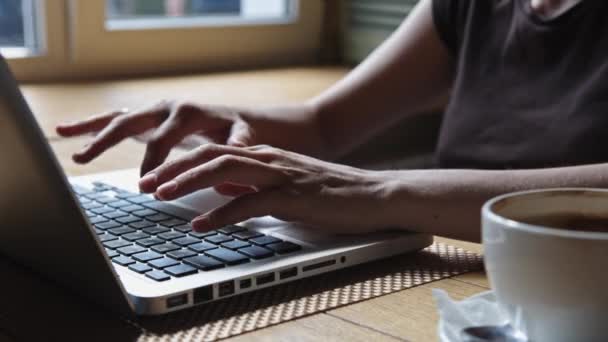 Frau arbeitet im Café am Laptop — Stockvideo