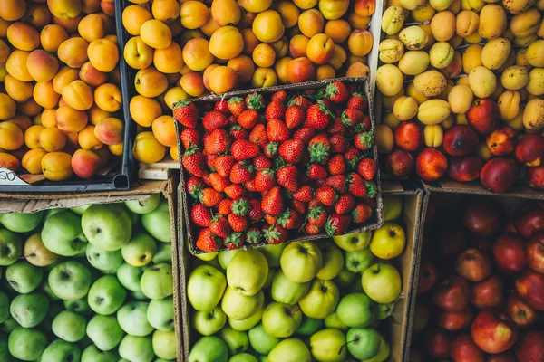 Ovoce a bobule jsou v lepenkových krabicích — Stock fotografie