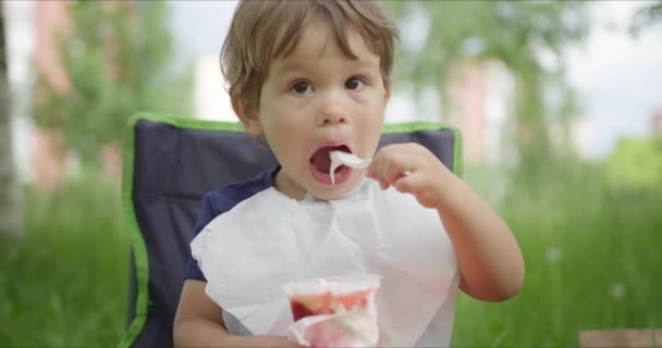 Littes Mädchen isst Eis im Park — Stockvideo