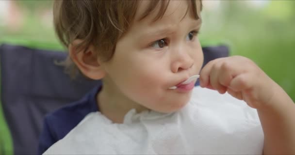 Μικρό κορίτσι τρώει παγωτό στο πάρκο — Αρχείο Βίντεο