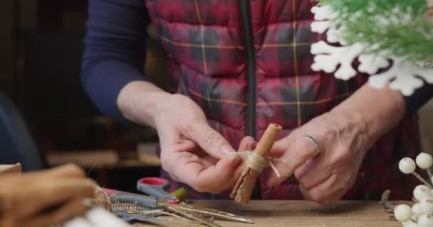 Florista faz a decoração para o Natal de casca de canela — Vídeo de Stock