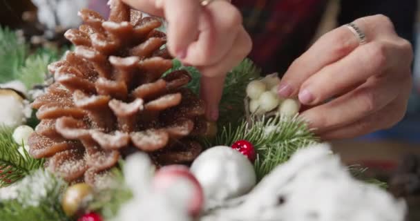 Bloemist maakt kerstmand met rode bessen, sparren takken en naaldbomen — Stockvideo