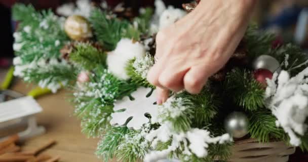 Floristería hace cesta de Navidad con bayas rojas, ramas de abeto y conos de coníferas — Vídeo de stock