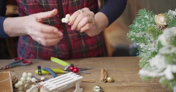 Bloemist maakt een decoratie voor de kerst van rode bessen en twijgen — Stockvideo