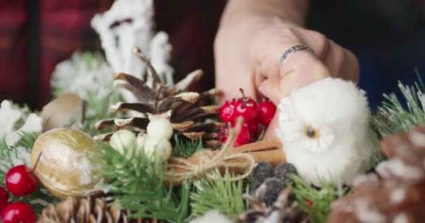 Bloemist maakt een decoratie voor de kerst van rode bessen en twijgen — Stockvideo