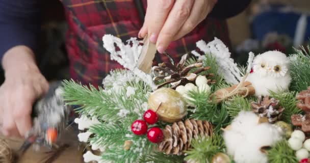 Fleuriste fait panier de Noël avec des baies rouges, branches de sapin et cônes de conifères — Video