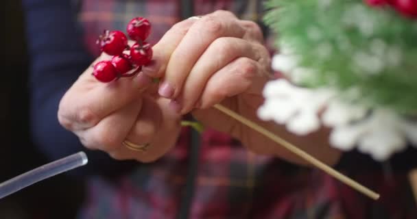 Флорист делает украшение к Рождеству из красных ягод и веток — стоковое видео