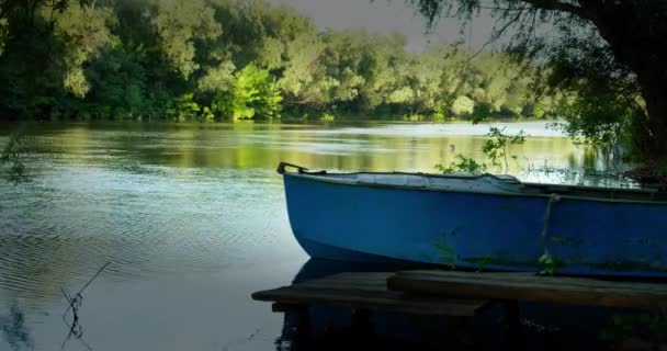 Oude blauwe boot vastgebonden met een touw aan houten pier zachtjes bobs op de stroom van de rivier — Stockvideo