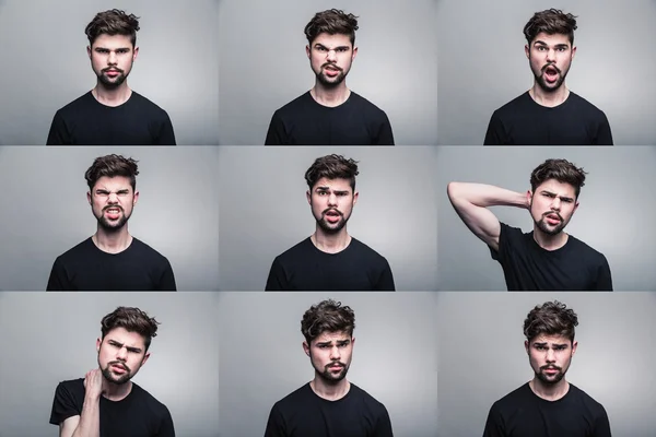 Set of young man's portraits with different emotions — Stock Photo, Image