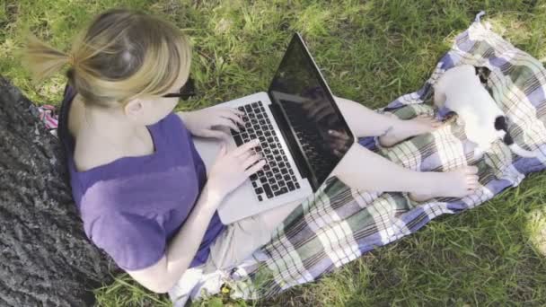 Жінка в окулярах за допомогою портативного комп'ютера в парку. — стокове відео