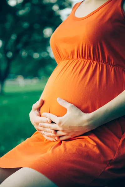 Schwangere hält Strauß Gänseblümchen in den Händen — Stockfoto