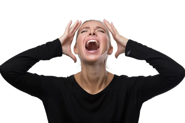 Retrato de mulher estressada no fundo branco — Fotografia de Stock