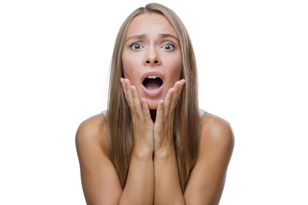 Portrait of surprised woman on white background Stock Picture