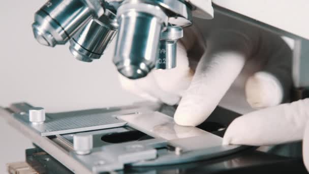 Científico usando un microscopio en laboratorio — Vídeos de Stock