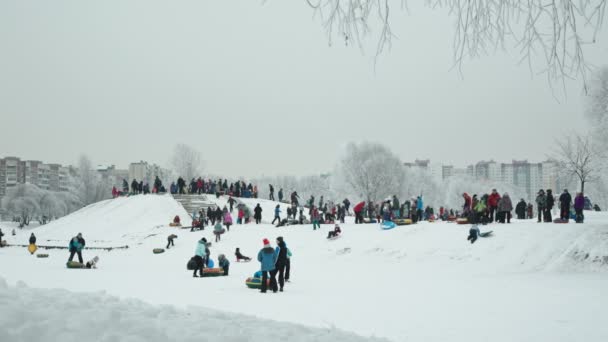 Kinderen dia in een heuvel van de sneeuw in het park in het weekend — Stockvideo