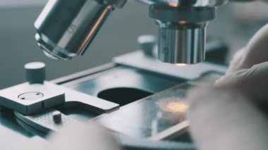 Bilim adamı laboratuvarda mikroskop kullanıyor.