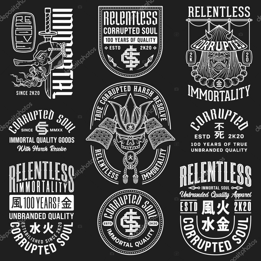 Vol. number 2 white on black vector illustration named Relentless Immortality. The illustrations contain four japanese kanji that mean water, fire, earth and metal.