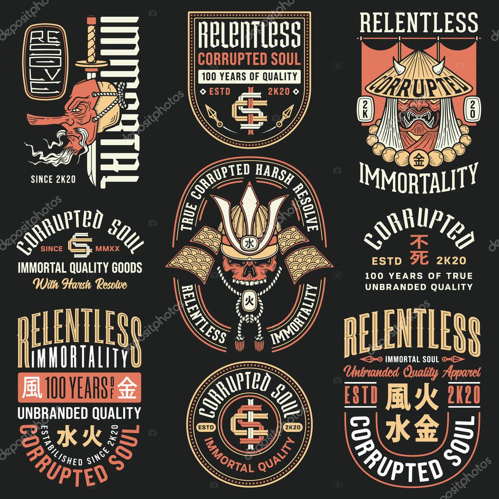 Colored vector illustration named Relentless Immortality Vol 2. The illustrations contain four japanese kanji that mean water, fire, earth and metal.