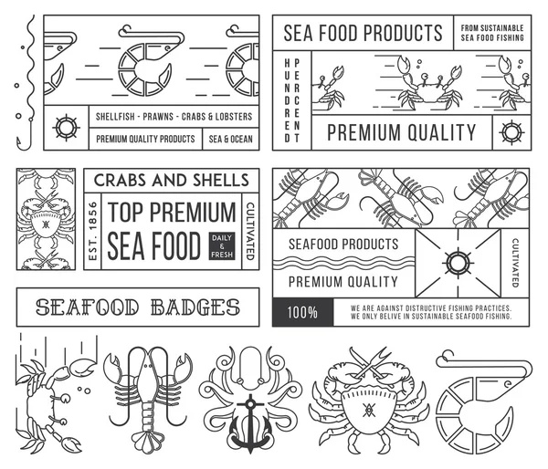 Etiquetas e insignias de mariscos vol. 4 negro sobre blanco — Vector de stock