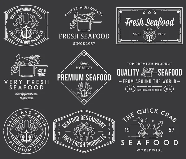 Seafood labels and badges vol. 1 white on black — Stock Vector