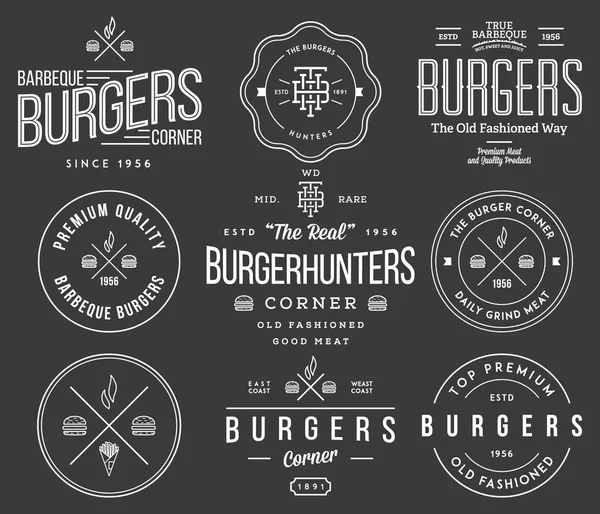 Fast food badges and icons white on black 3 — Stock Vector