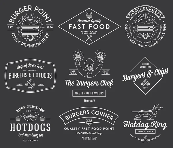 Insignias e iconos de comida rápida blanco sobre negro 1 — Vector de stock